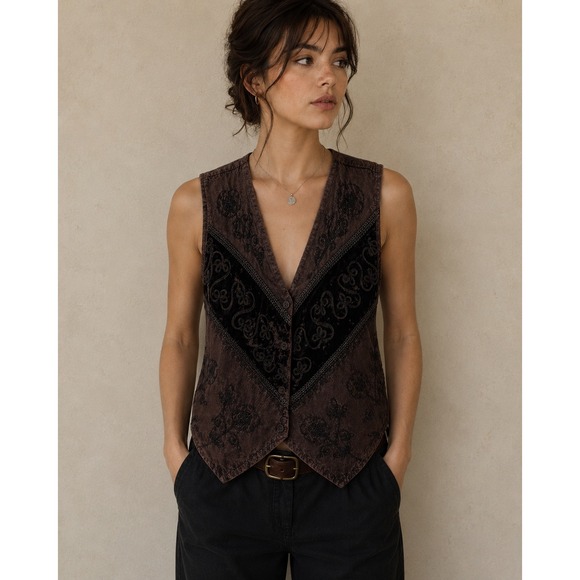 Raviya Jackets & Blazers - Raviya Brown Floral Embroidered Velvet Trim Rayon Vest Womens One Size Boho 90s